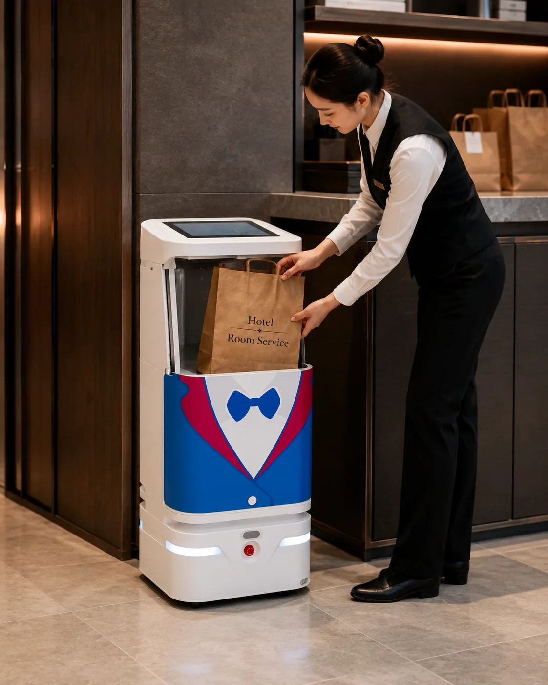 Hotel team member loading a room-service bag into YUMA
